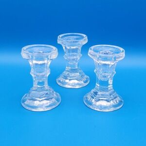 Vintage 3" Clear Glass Short Candlestick‎ Holders - set of three